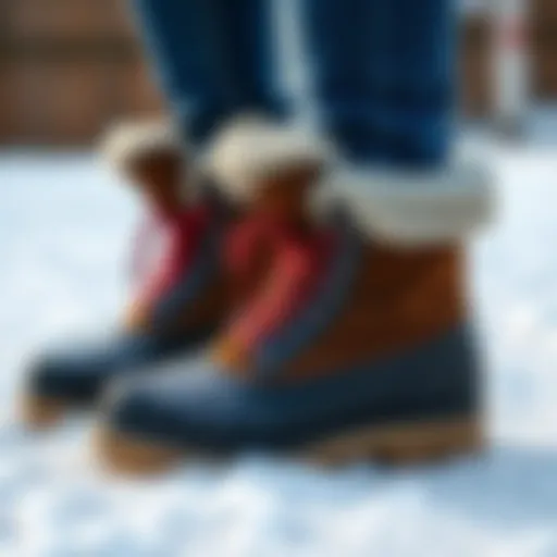 Stylish winter boots on a snowy surface